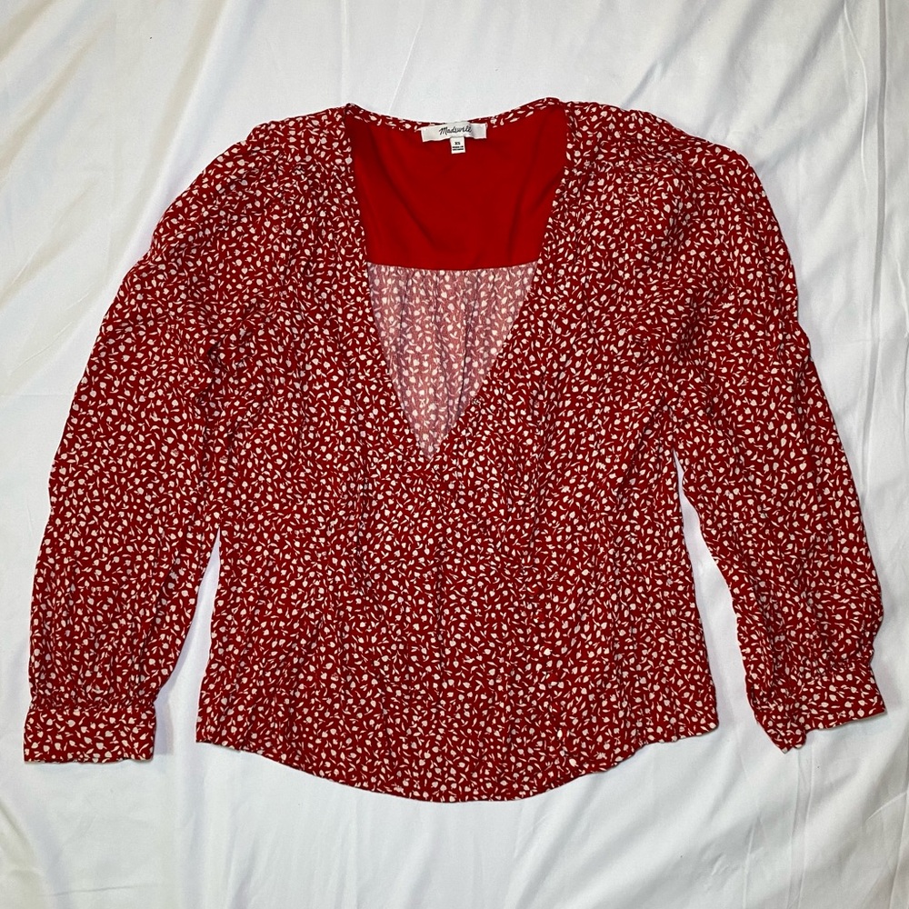 Madewell Red Floral Patterned Women's Long Sleeve Top Blouse, Oversized - Picture 4 of 11